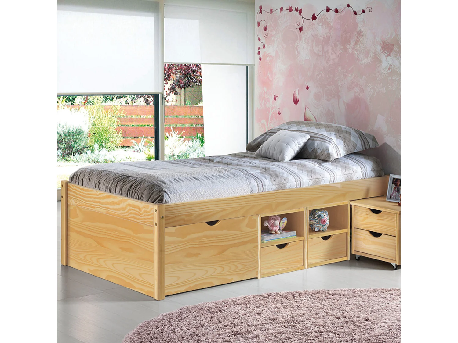 Lit tiroirs avec chevets intégrés en bois massif chêne clair 90x200 - LT17012