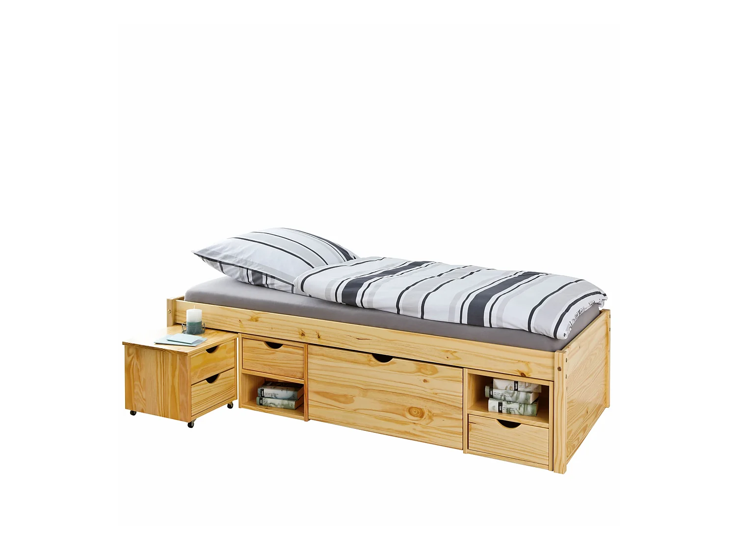 Lit tiroirs avec chevets intégrés en bois massif chêne clair 90x200 - LT17012