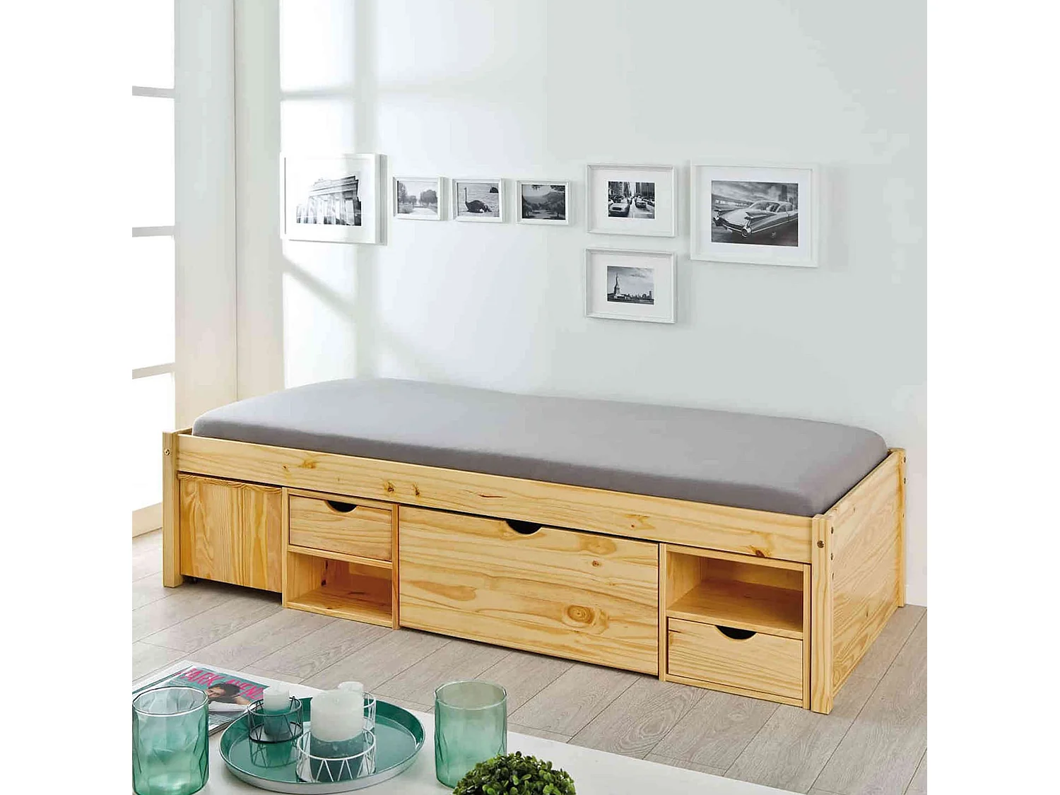 Lit tiroirs avec chevets intégrés en bois massif chêne clair 90x200 - LT17012