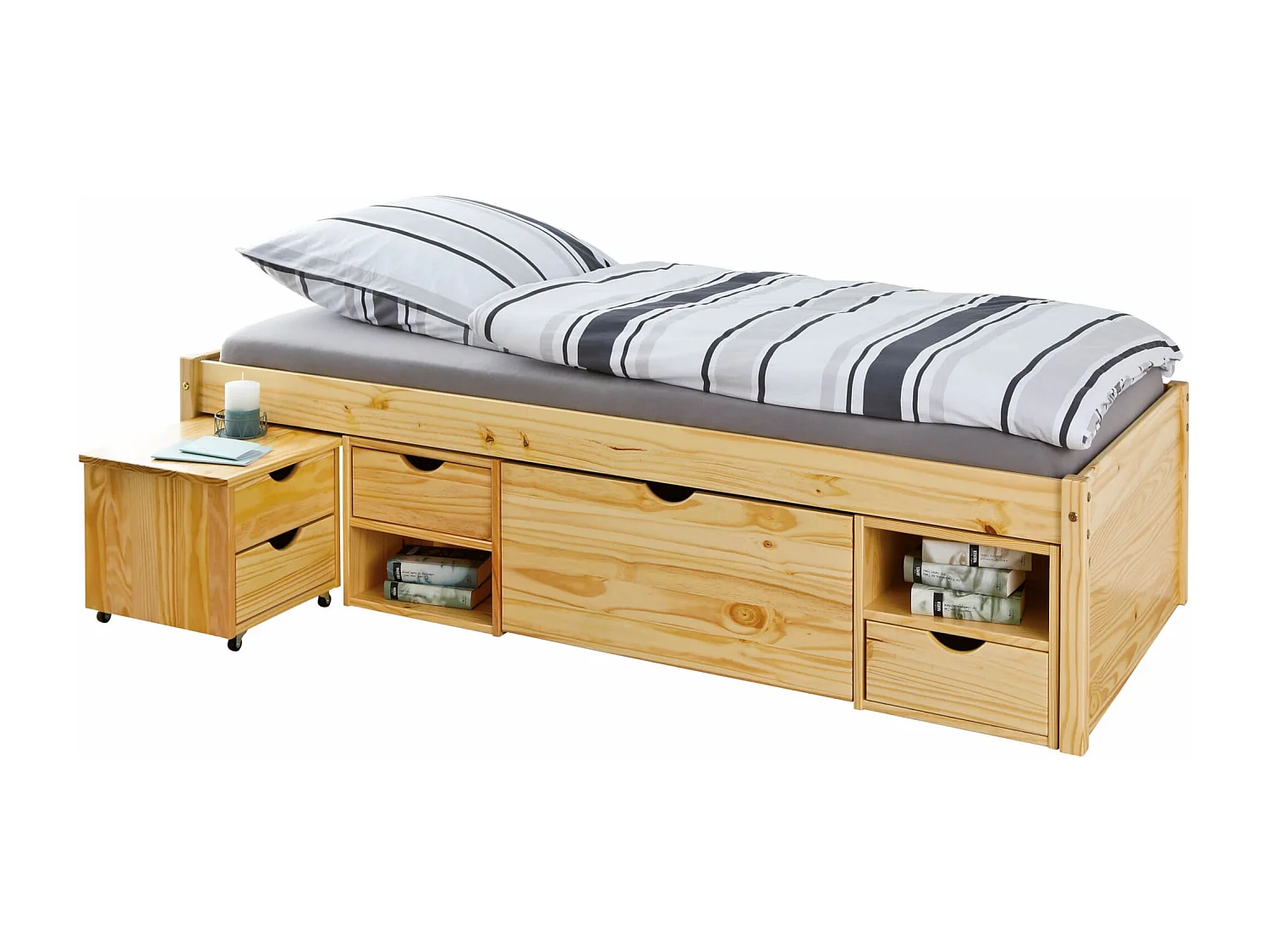 Lit tiroirs avec chevets intégrés en bois massif chêne clair 90x200 - LT17012