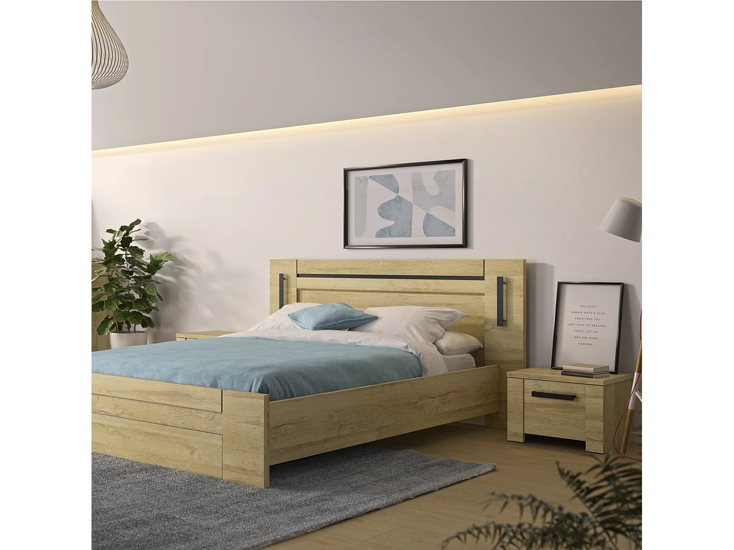 Lit led sensitive 140x190 avec 2 chevets en bois clair - LT5082