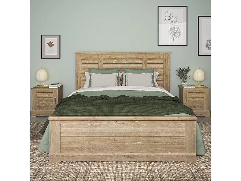 Lit 180x200 avec 2 chevets en bois clair - LT5077