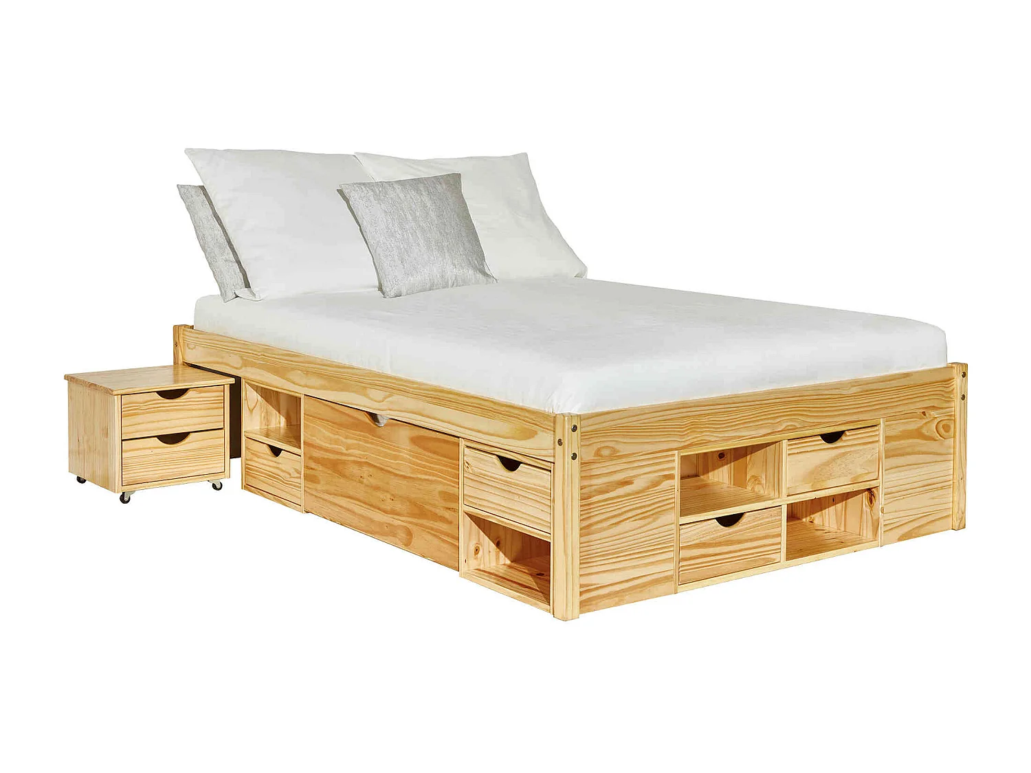 Lit tiroir en bois massif naturel avec chevets intégrés 140x200 - LT12012