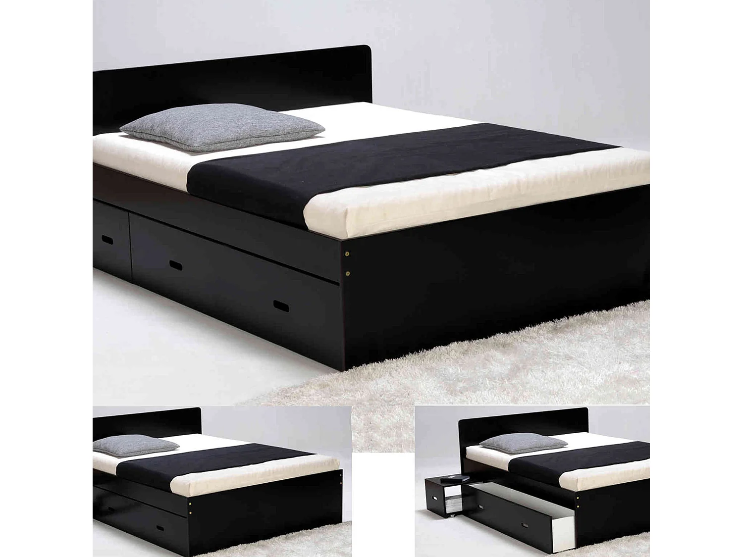 Lit 2 tiroirs avec 2 chevets en bois noir 140x190 - LT14015