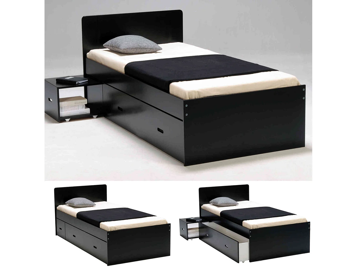 Lit 2 tiroirs avec 2 chevets en bois noir 140x190 - LT14015