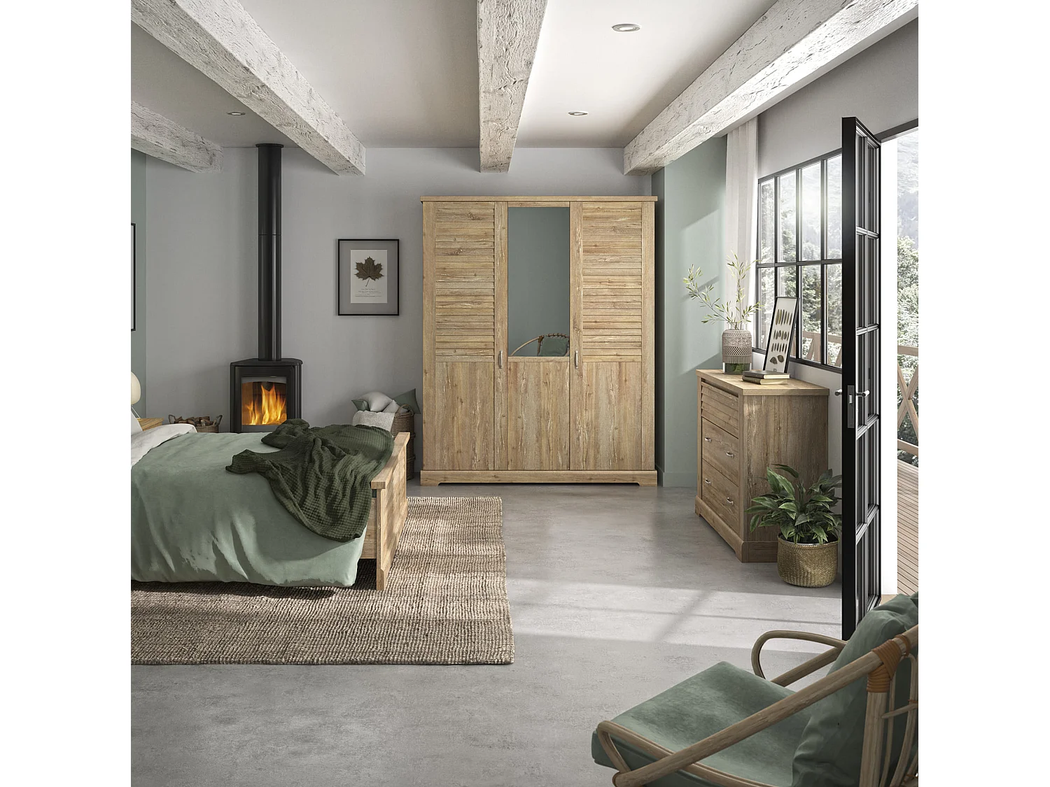 Lit 160x200 et armoire en bois clair - LT5079