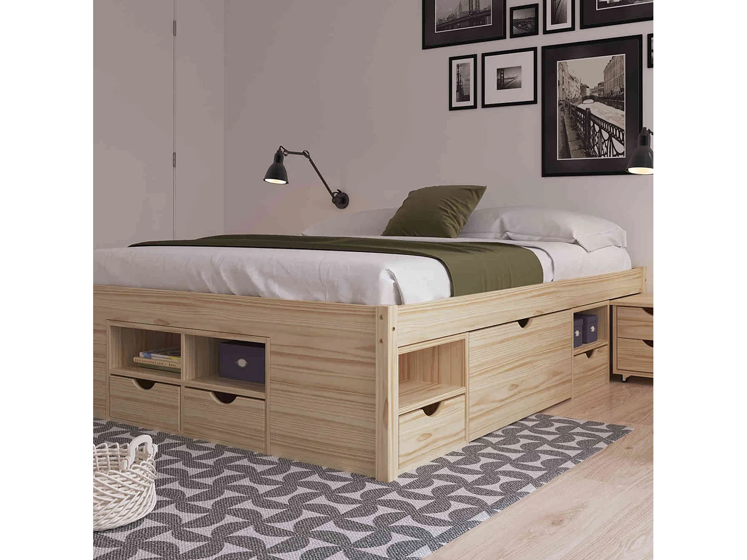 Lit tiroirs avec chevets intégrés en bois massif chêne clair 180x200 - LT12012