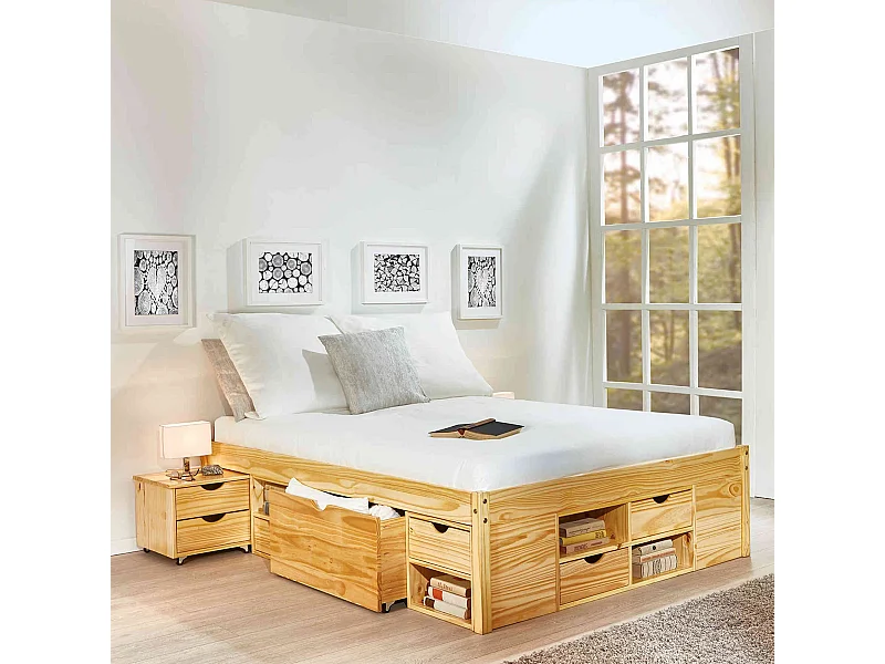 Lit tiroirs avec chevets intégrés en bois massif chêne clair 180x200 - LT12012