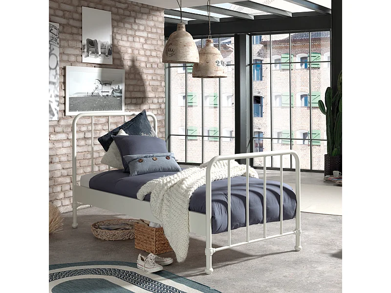 Lit enfant à barreaux en métal 90x200 cm blanc - LT2059