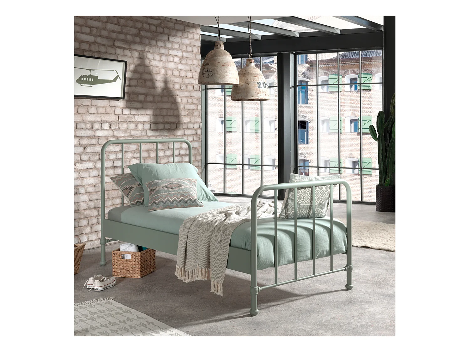 Lit enfant à barreaux en métal 90x200 cm vert - LT2059