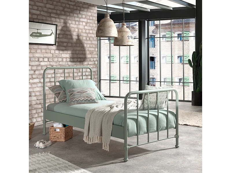 Lit enfant à barreaux en métal 90x200 cm vert - LT2059