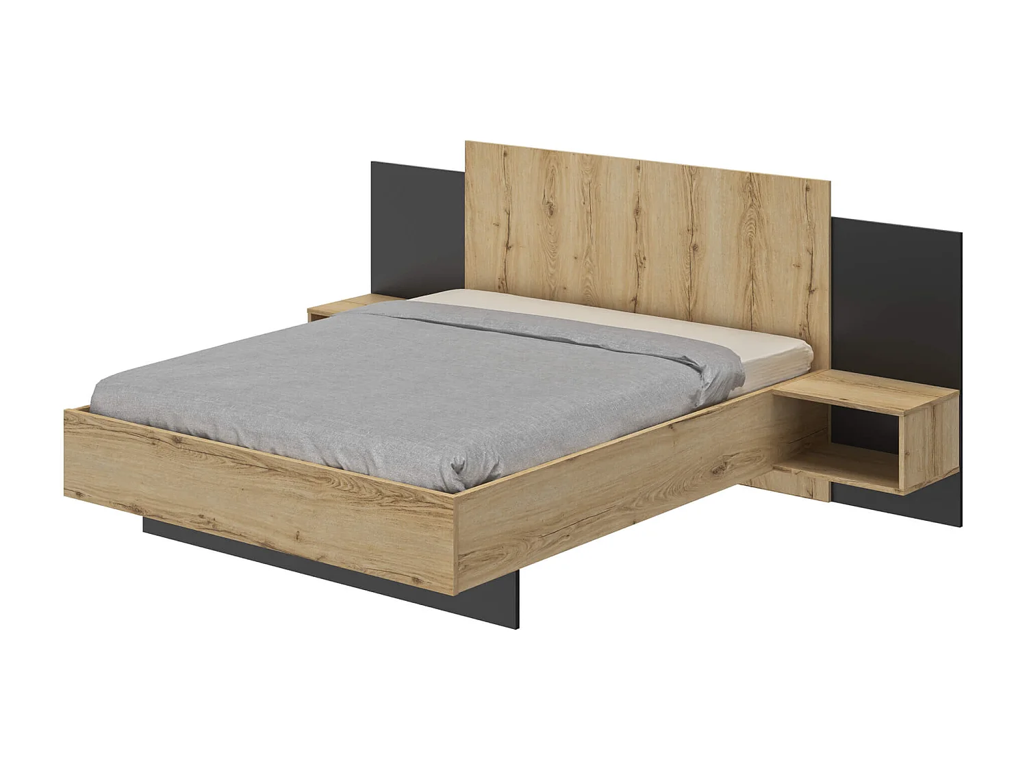 Lit avec tête de lit et chevets intégrés en bois imitation chêne 180x200 - LT5062