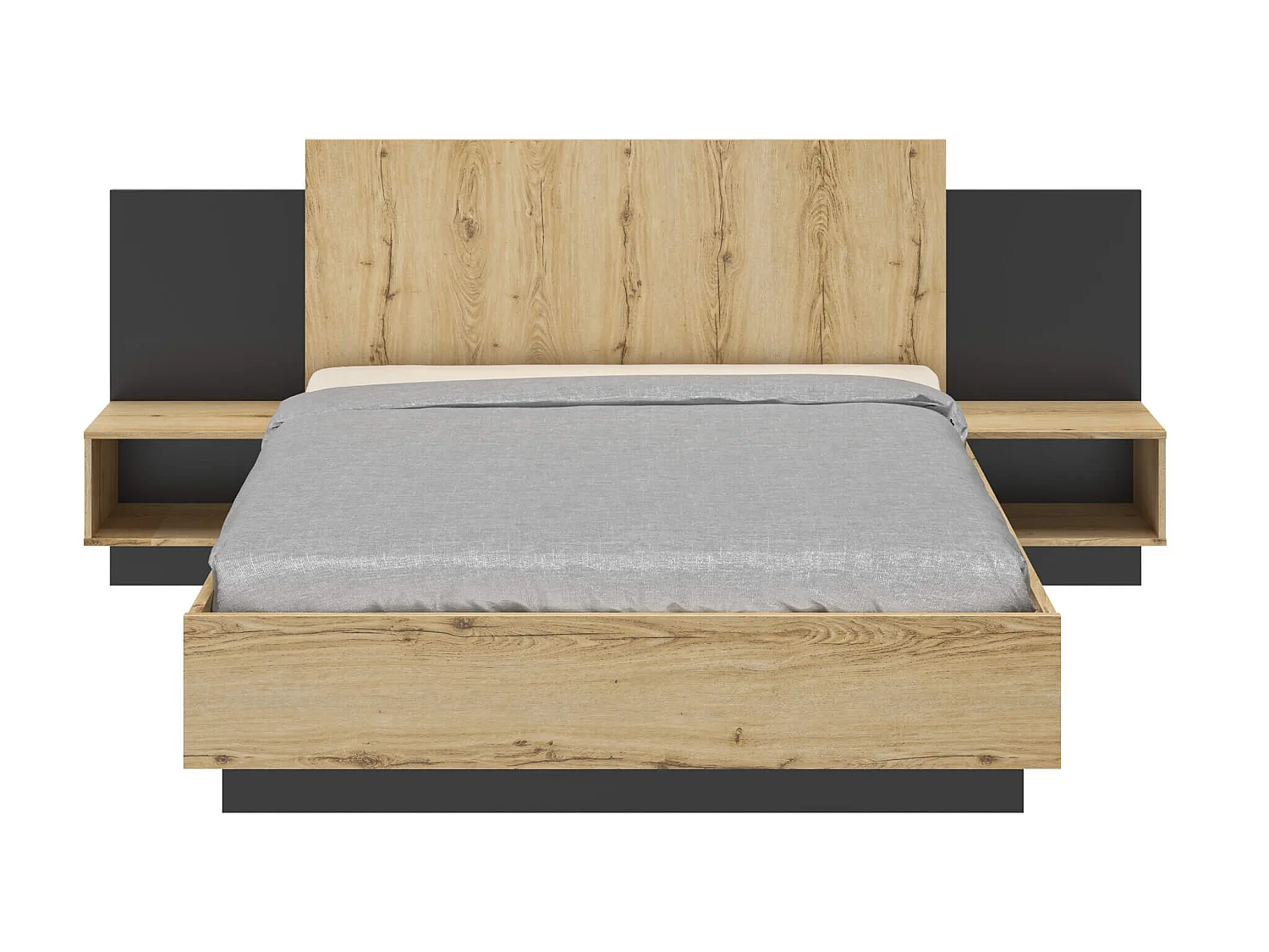 Lit avec tête de lit et chevets intégrés en bois imitation chêne 180x200 - LT5062