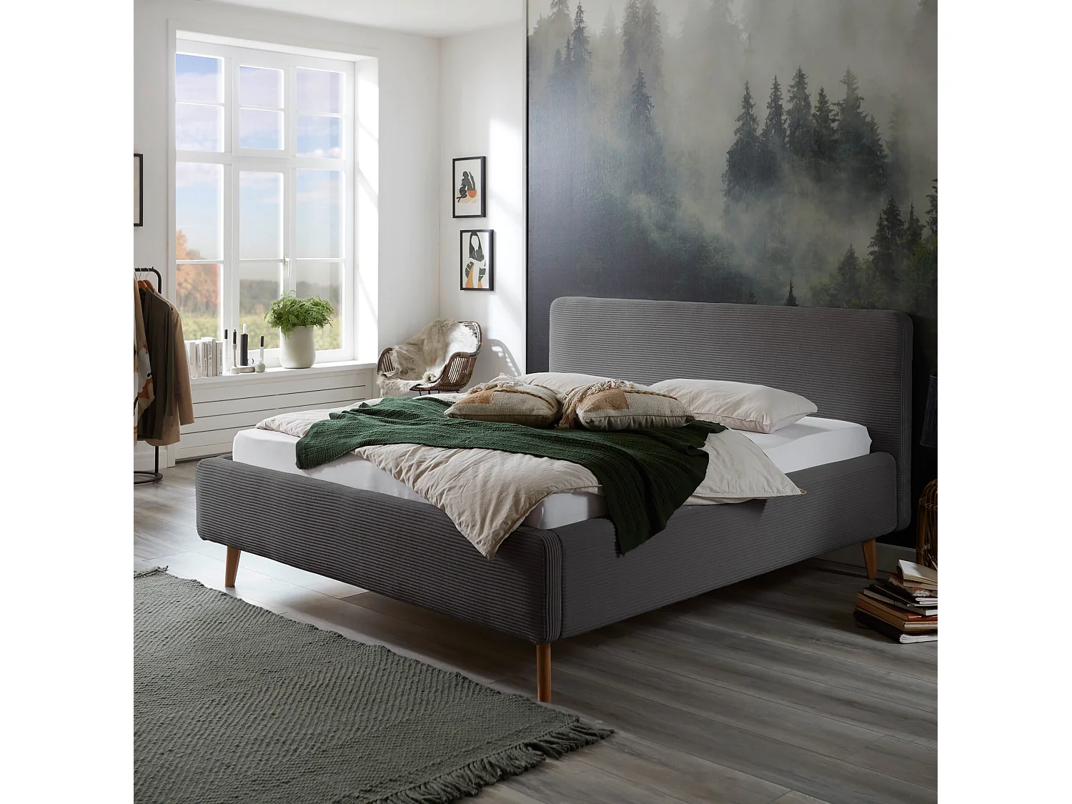 Lit rembourré en velours anthracite avec tête de lit lisse 140x200 - LT8002