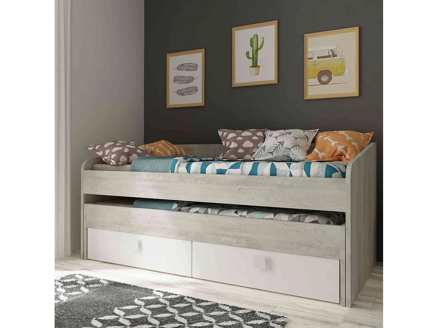 Lit enfant compact en bois grisé et blanc - LT9016