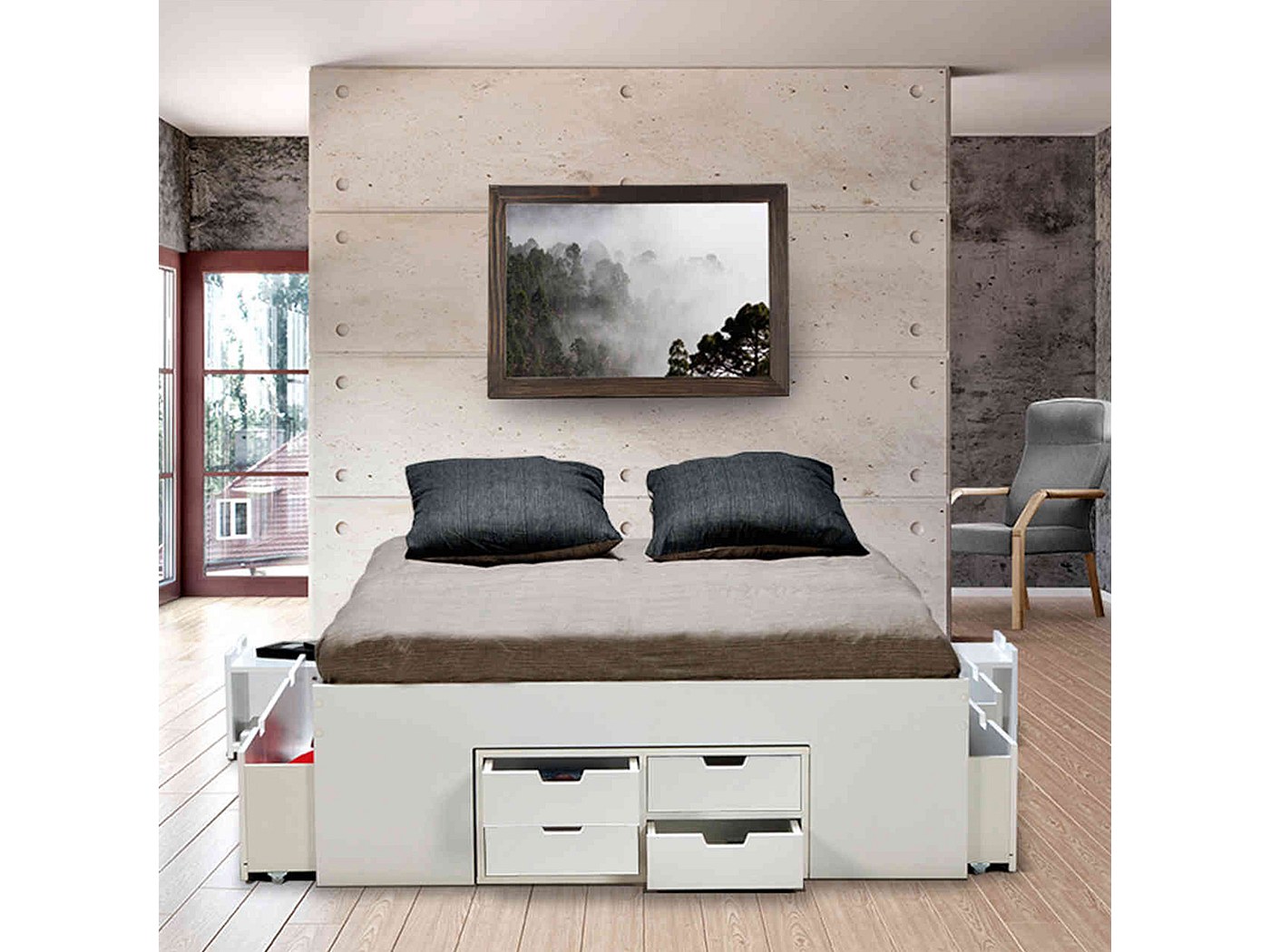 Lit En Bois Avec Deux Chevets - Matelas 140x200 Cm - Couleur Beige - Occasion