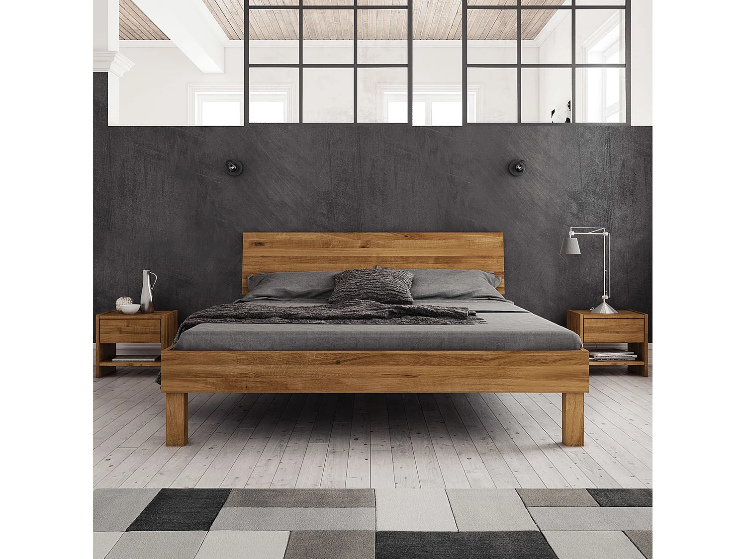 Lit avec pieds carrés et tête de lit en chêne massif clair 140x190 - LT36004