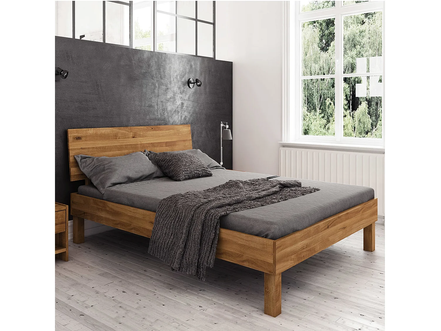 Lit avec pieds carrés et tête de lit en chêne massif clair 140x190 - LT36004