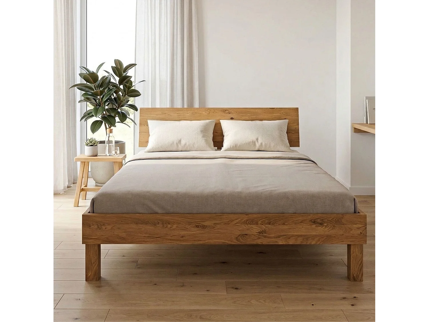 Lit avec pieds carrés et tête de lit en chêne massif clair 140x190 - LT36004