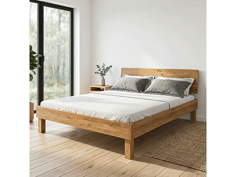 Lit avec pieds carrés et tête de lit en chêne massif clair 140x190 - LT36004