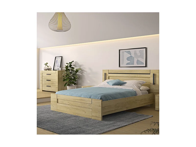 Lit led sensitive 160x200 et commode en bois clair - LT5083