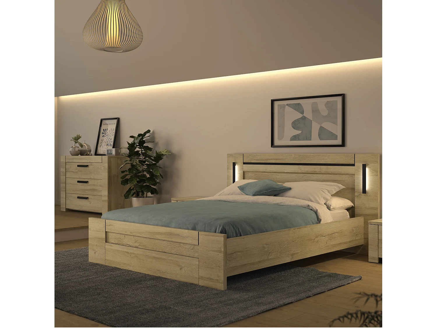 Lit led sensitive 160x200 et commode en bois clair - LT5083