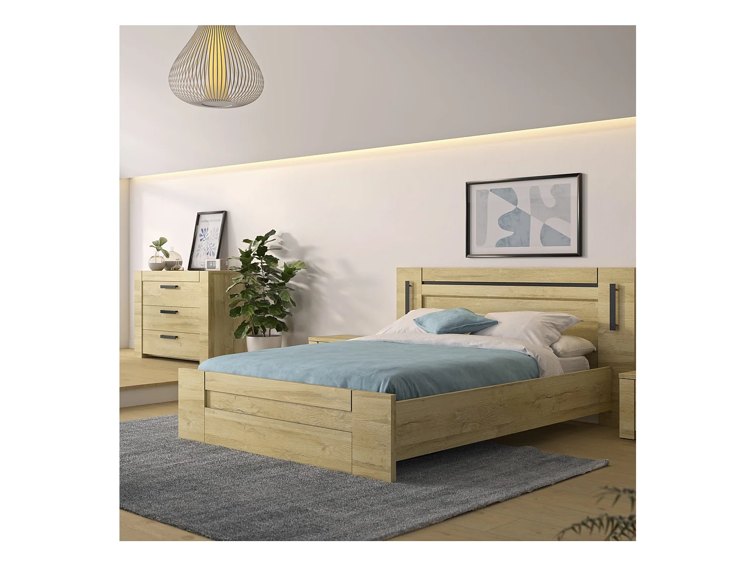 Lit led sensitive 160x200 et commode en bois clair - LT5083
