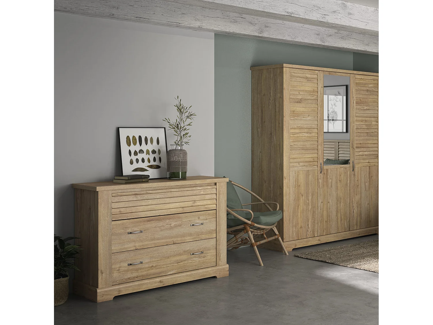Lit 160x200 et commode en bois clair - LT5078