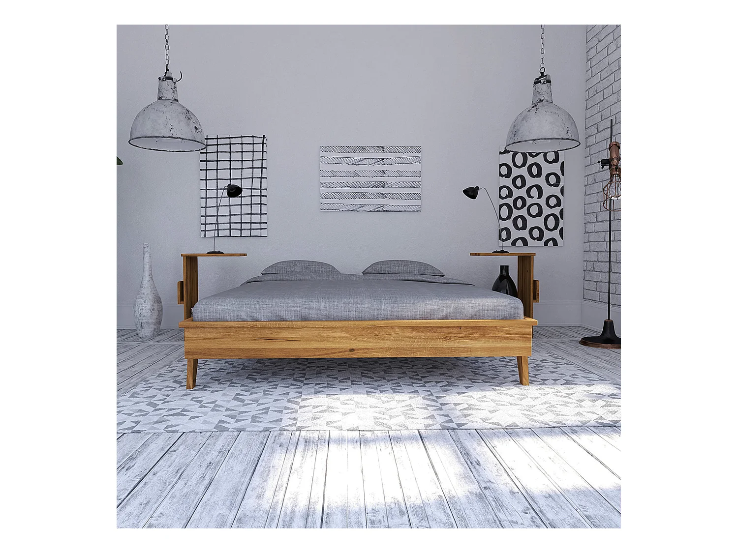 Lit avec pieds inclinés en chêne massif clair 140x190 - LT36003