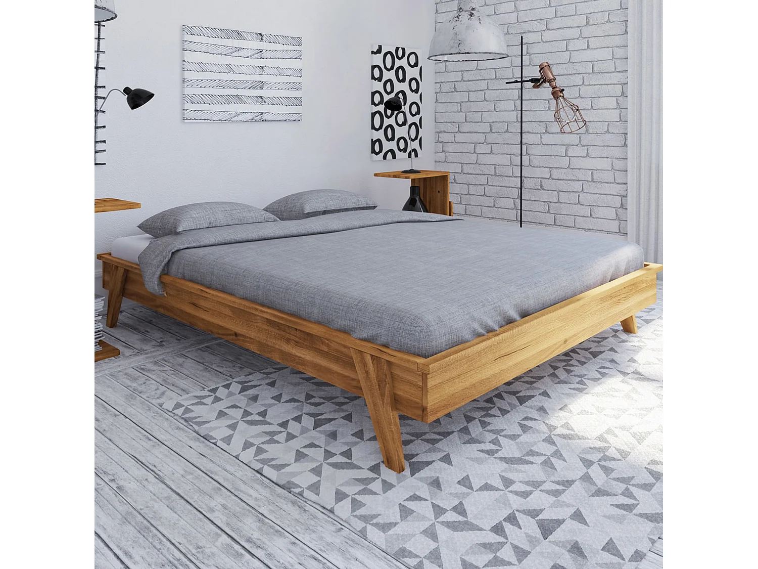 Lit avec pieds inclinés en chêne massif clair 140x190 - LT36003