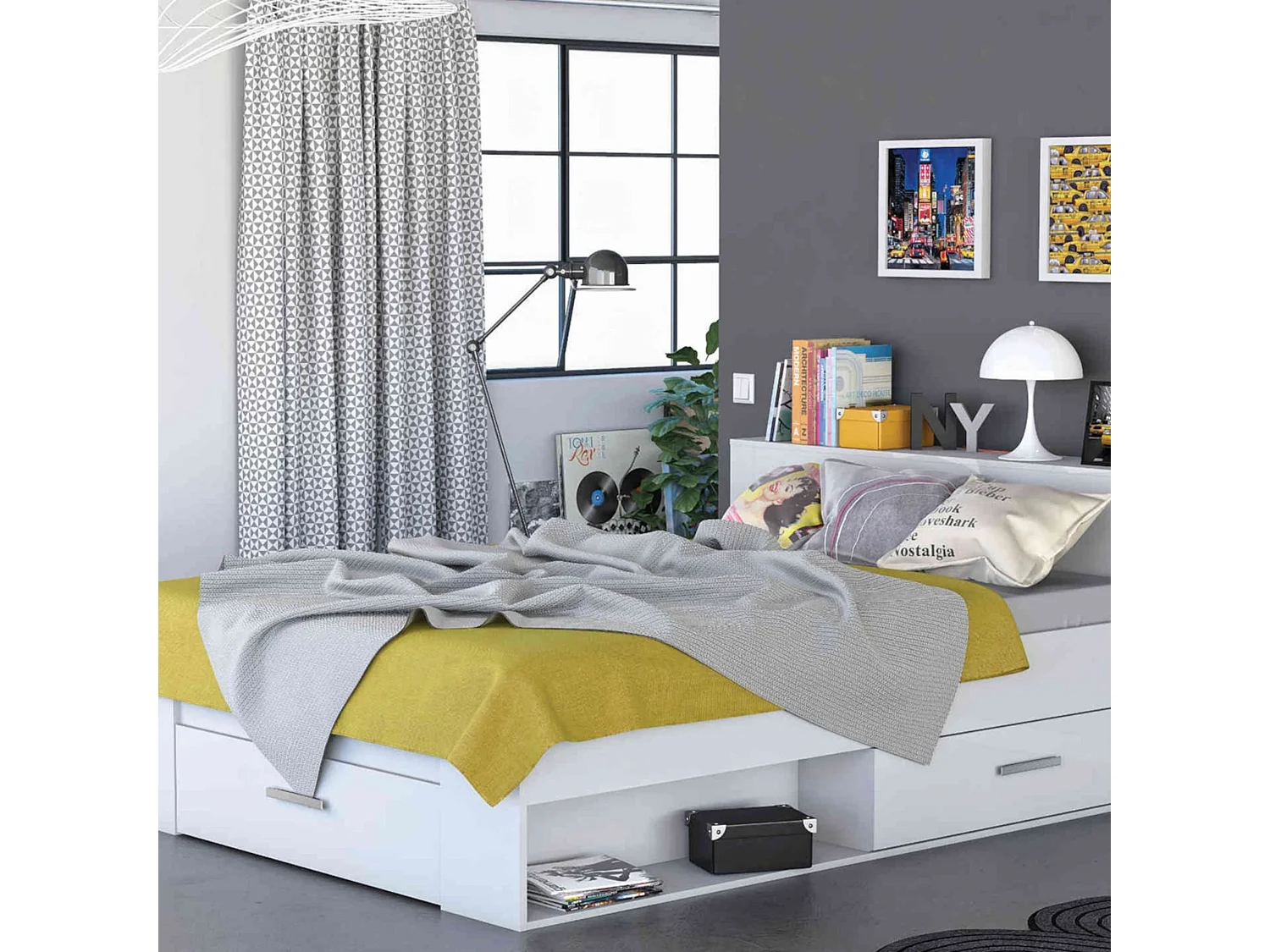 Lit en bois avec tiroir blanc perle 140x190 - LT177