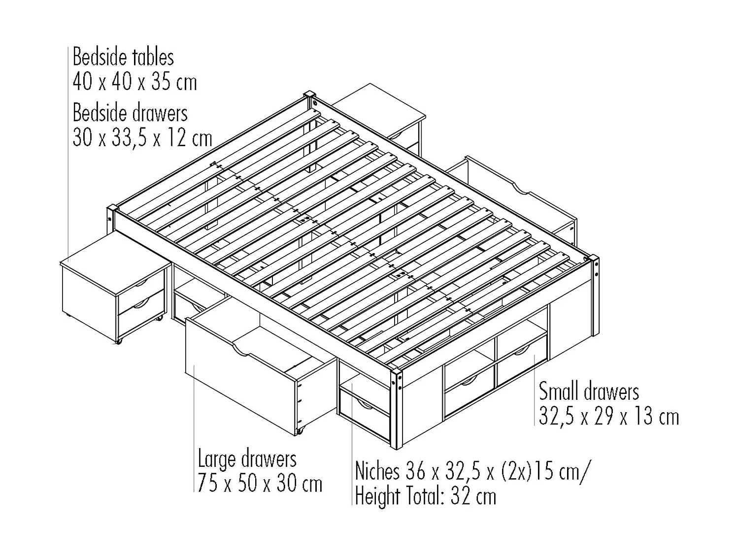 Lit tiroirs en bois massif blanc laqué 140x190 - LT12013