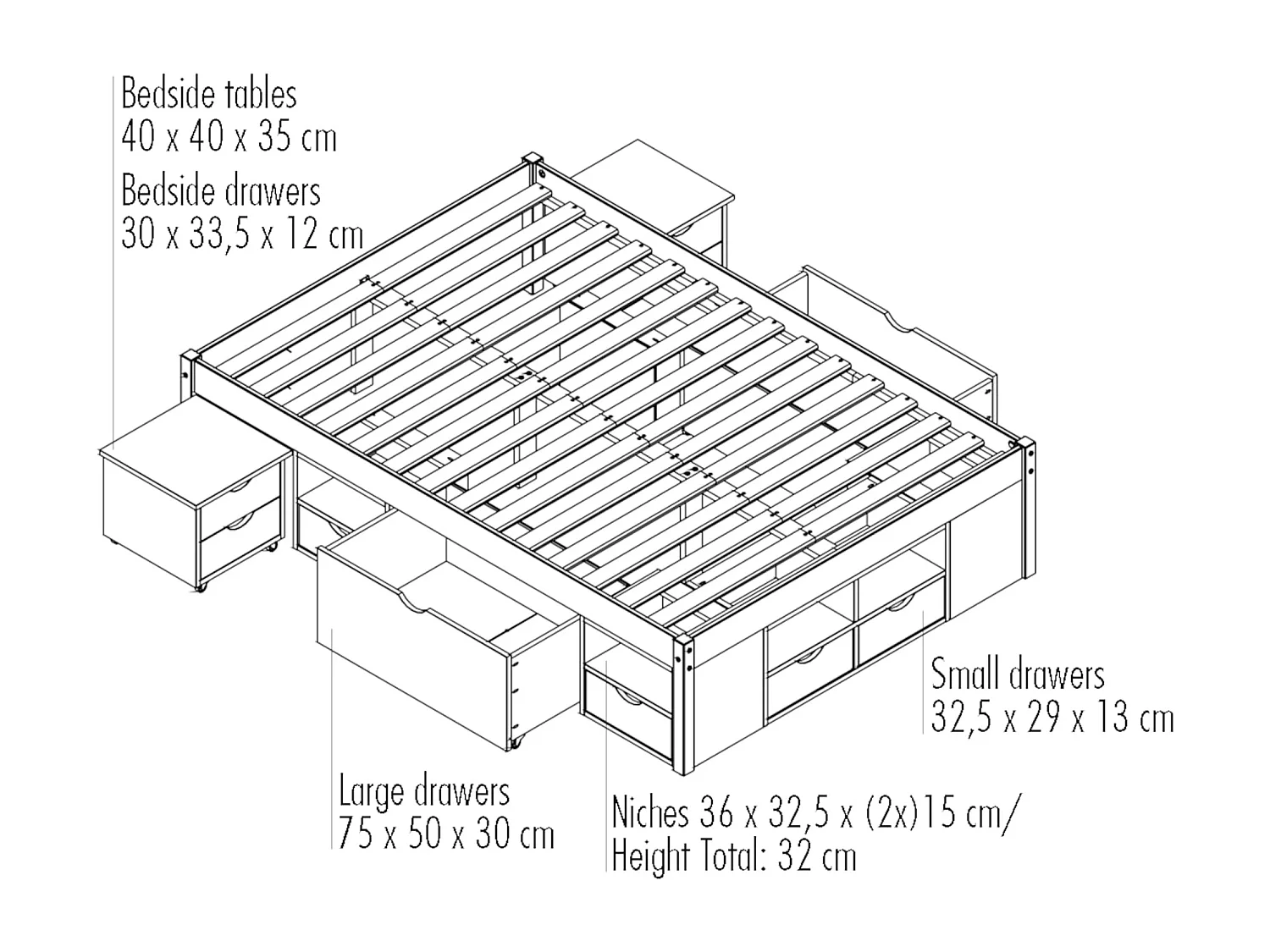Lit tiroir en bois massif blanc laqué avec chevets intégrés 140x190 - LT12012