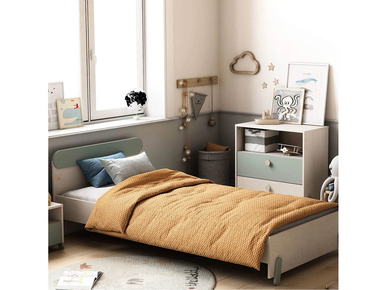 Lit extensible enfant en bois couleur chêne topanga et vert de gris 90x190/200 - LI217