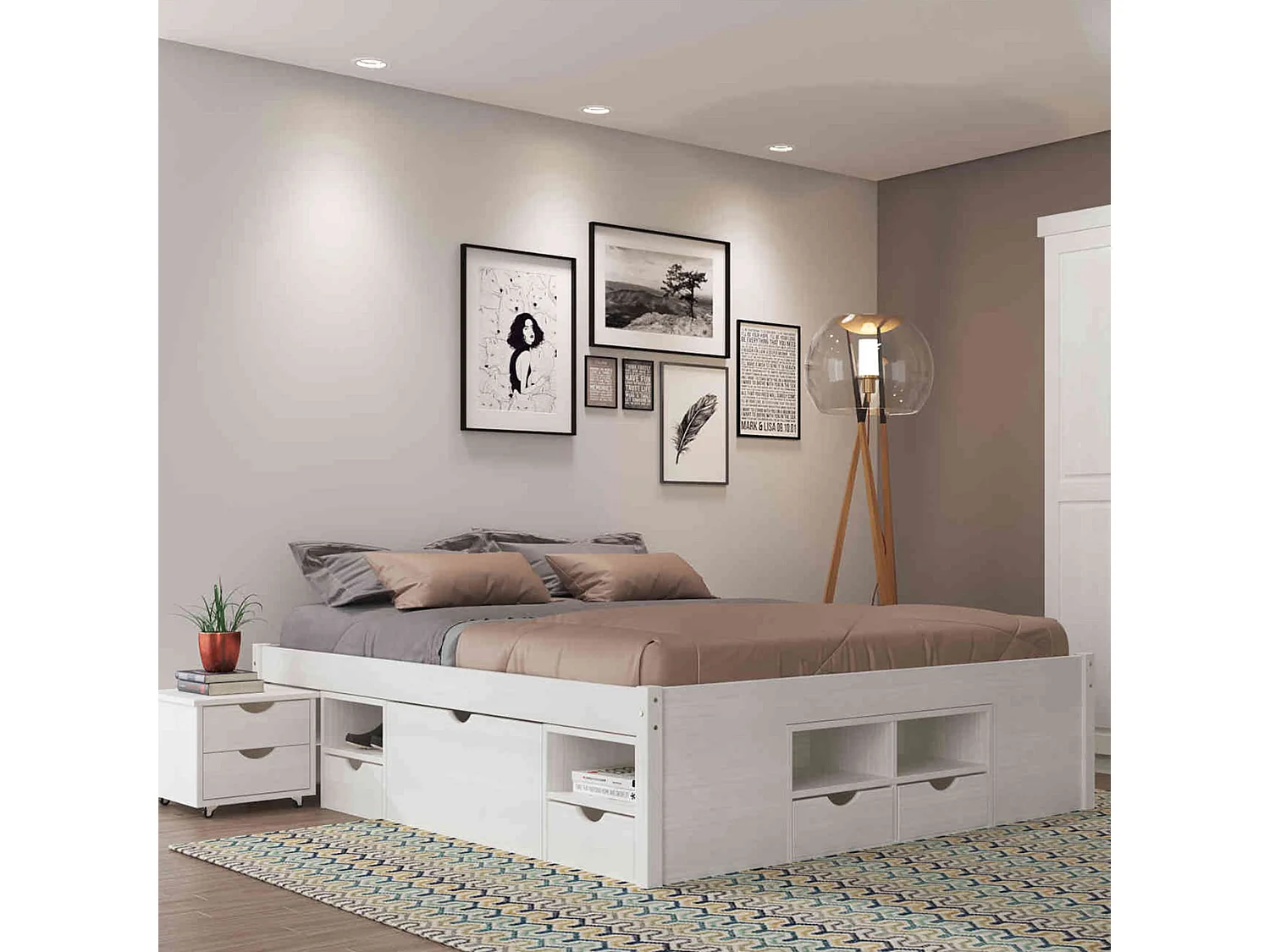 Lit tiroir en bois massif blanc laqué avec chevets intégrés 180x200 - LT12012