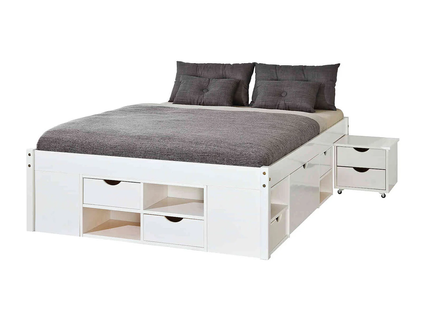 Lit tiroir en bois massif blanc laqué avec chevets intégrés 180x200 - LT12012