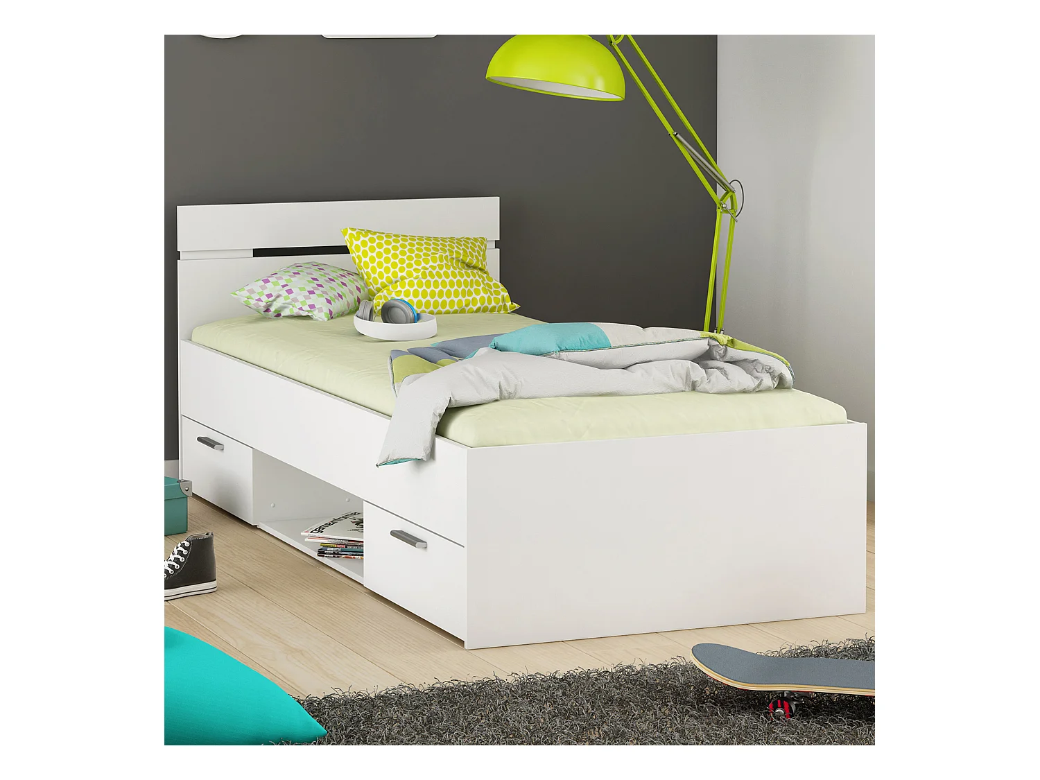 Lit Enfant Tiroirs Blanc Perle 90x200