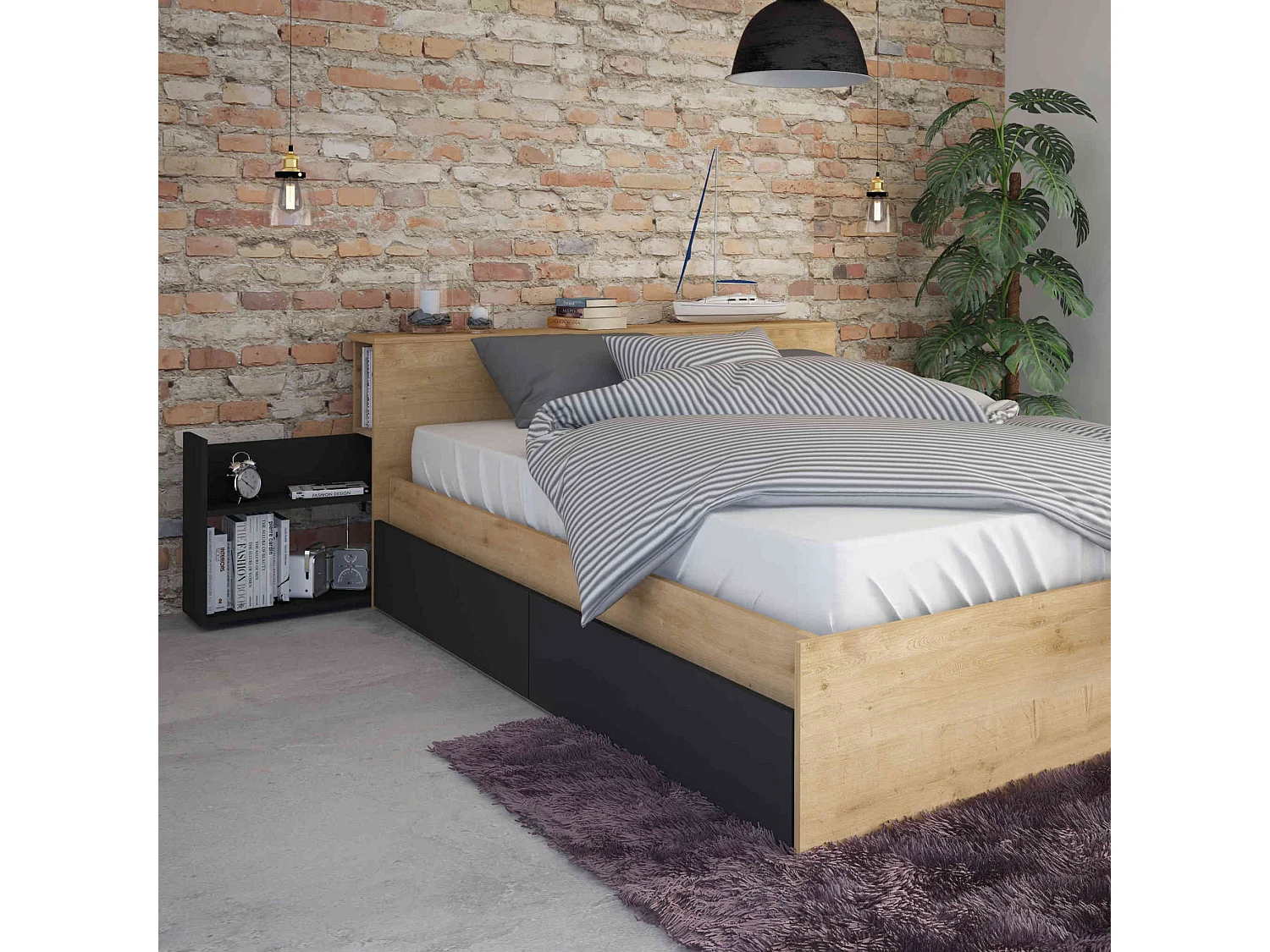 Lit compact en bois imitation chêne 140x190 cm - LT9008