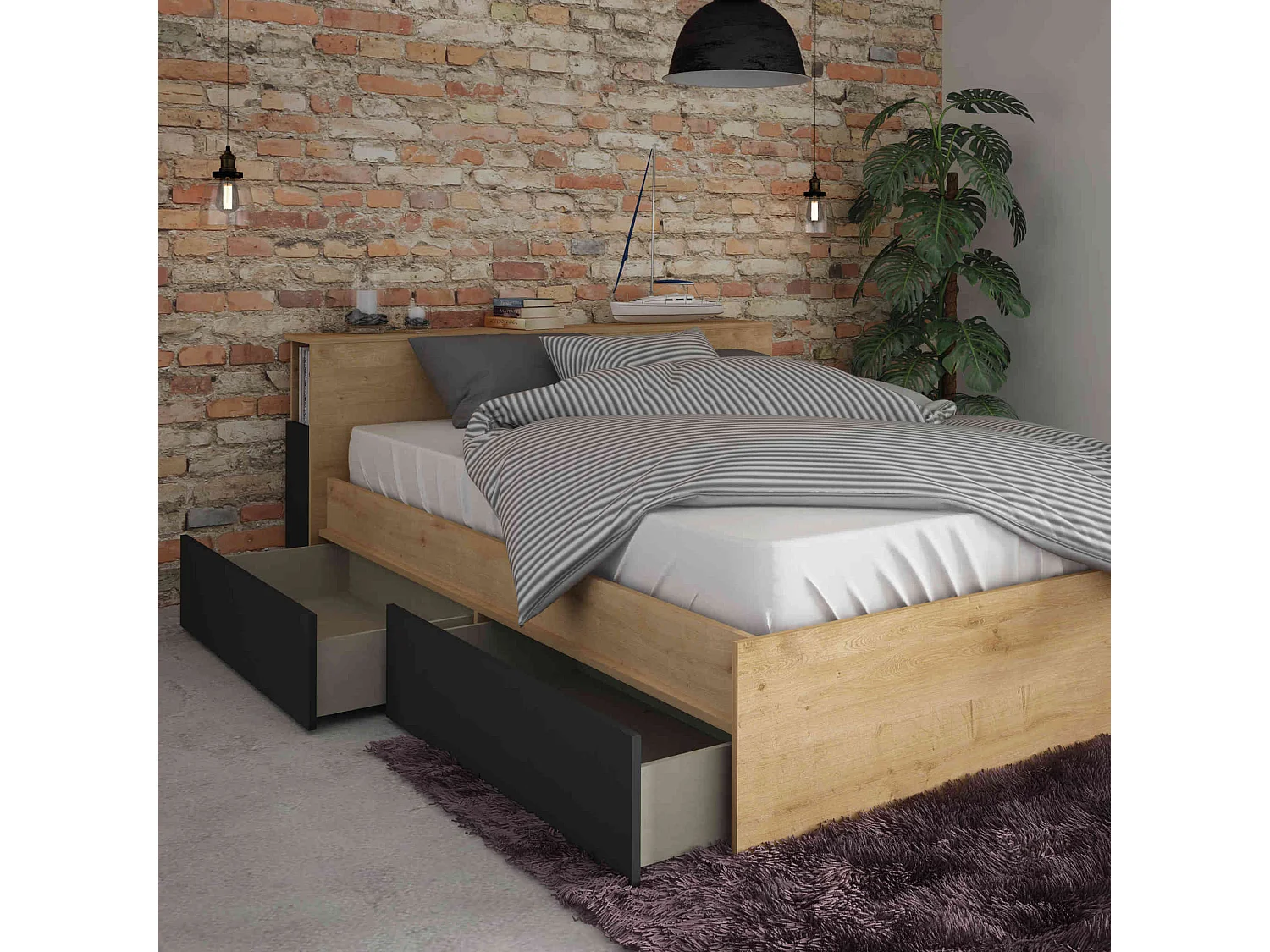 Lit compact en bois imitation chêne 140x190 cm - LT9008
