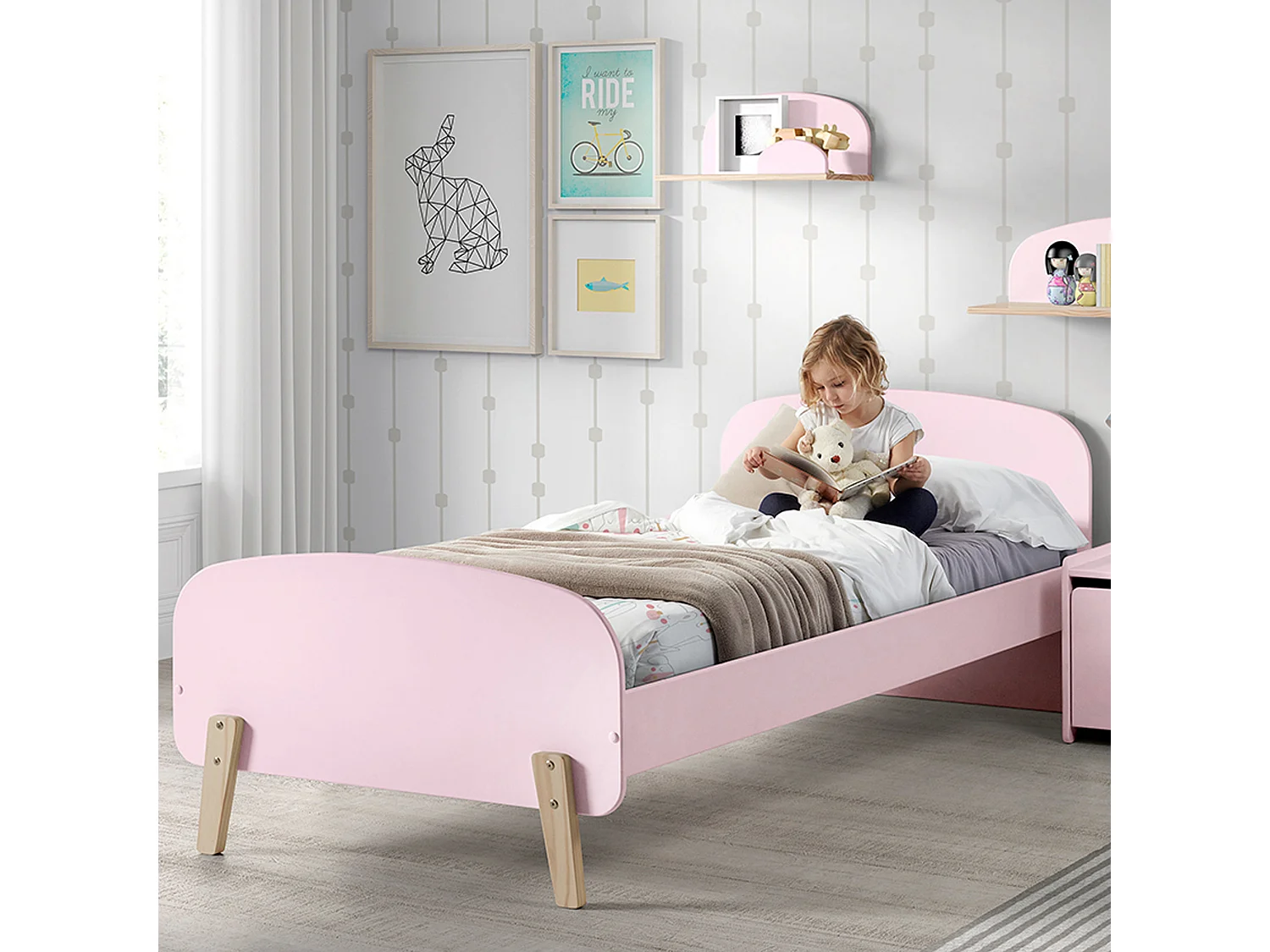 Lit enfant 90x200 rose avec sommier - Terre de Nuit