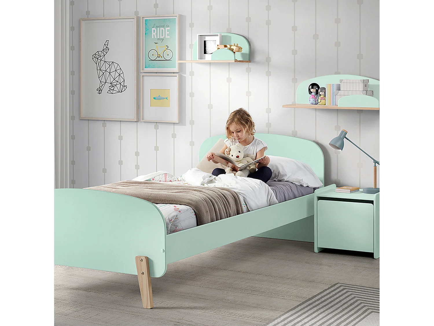Lit enfant 90x200 vert menthe avec sommier