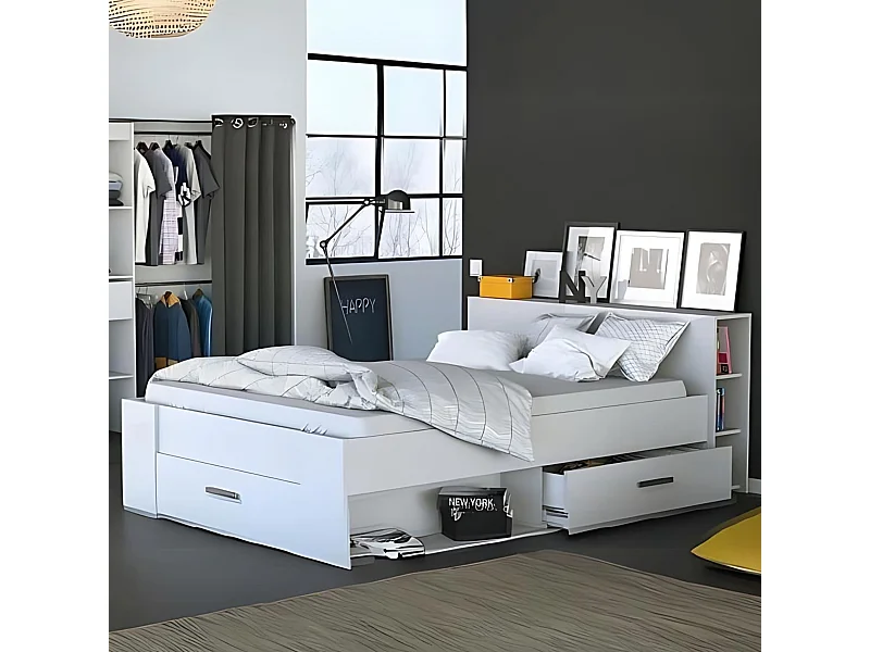 Lit en bois avec tiroir blanc perle 160x200 - LT177