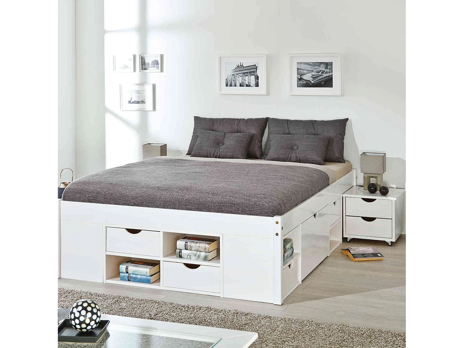 Lit tiroirs en bois massif blanc laqué 160x200 - LT12013