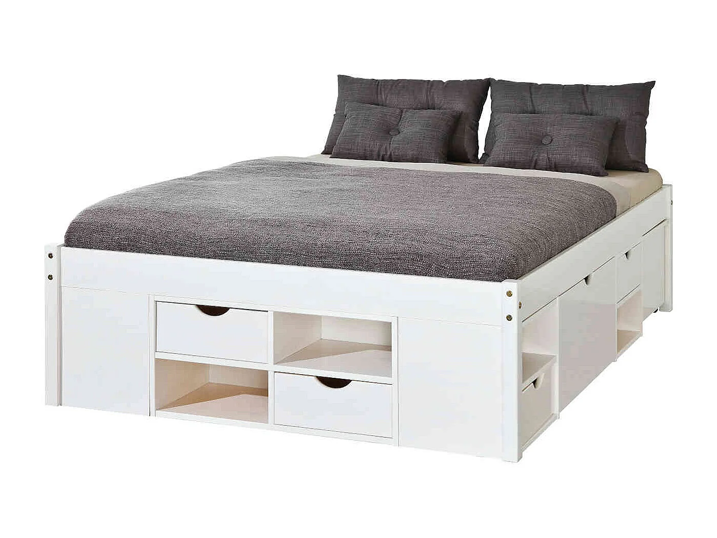 Lit tiroir en bois massif blanc laqué avec chevets intégrés 160x200 - LT12012