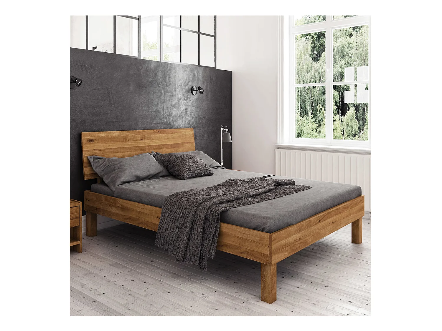 Lit avec pieds carrés et tête de lit en chêne massif clair 160x200 - LT36004