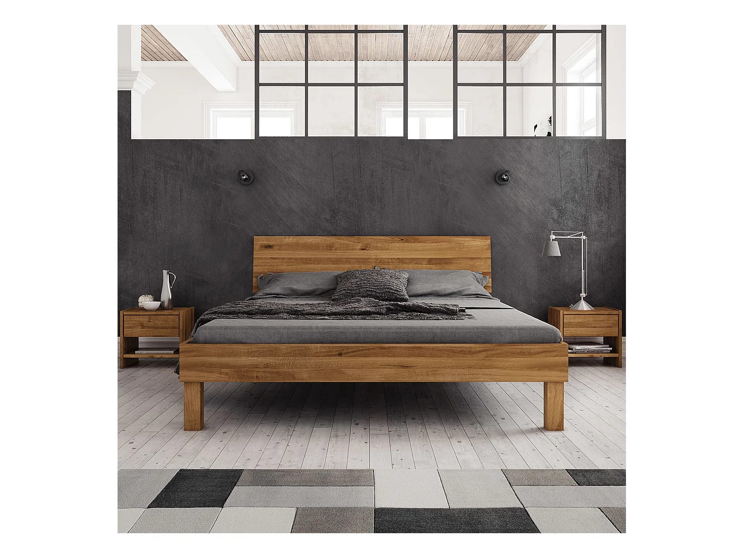 Lit avec pieds carrés et tête de lit en chêne massif clair 160x200 - LT36004