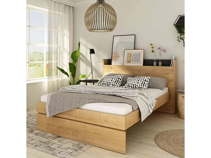 Lit avec tête de lit en bois imitation chêne 140x190 cm - LI9051