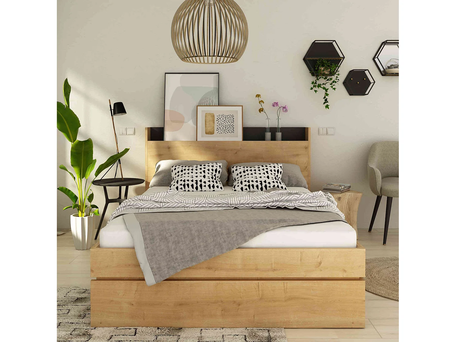 Lit avec tête de lit en bois imitation chêne 140x190 cm - LI9051