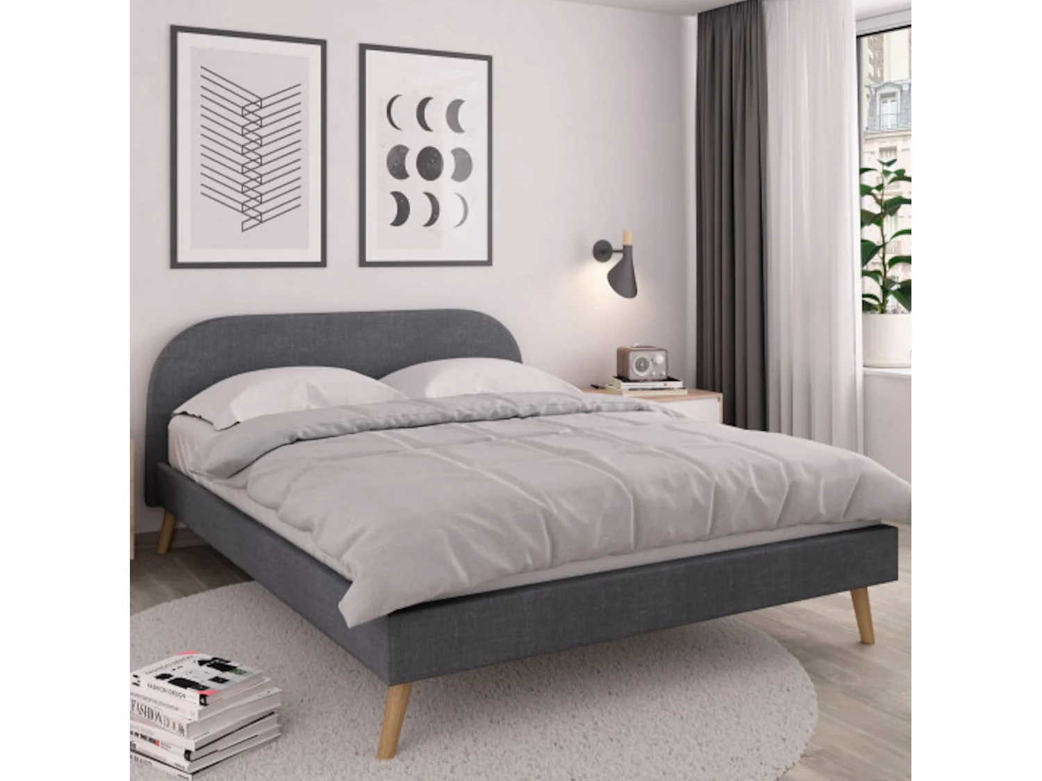 Lit avec sommier à lattes intégré et tête de lit en tissu gris foncé 160x200 - LT17106