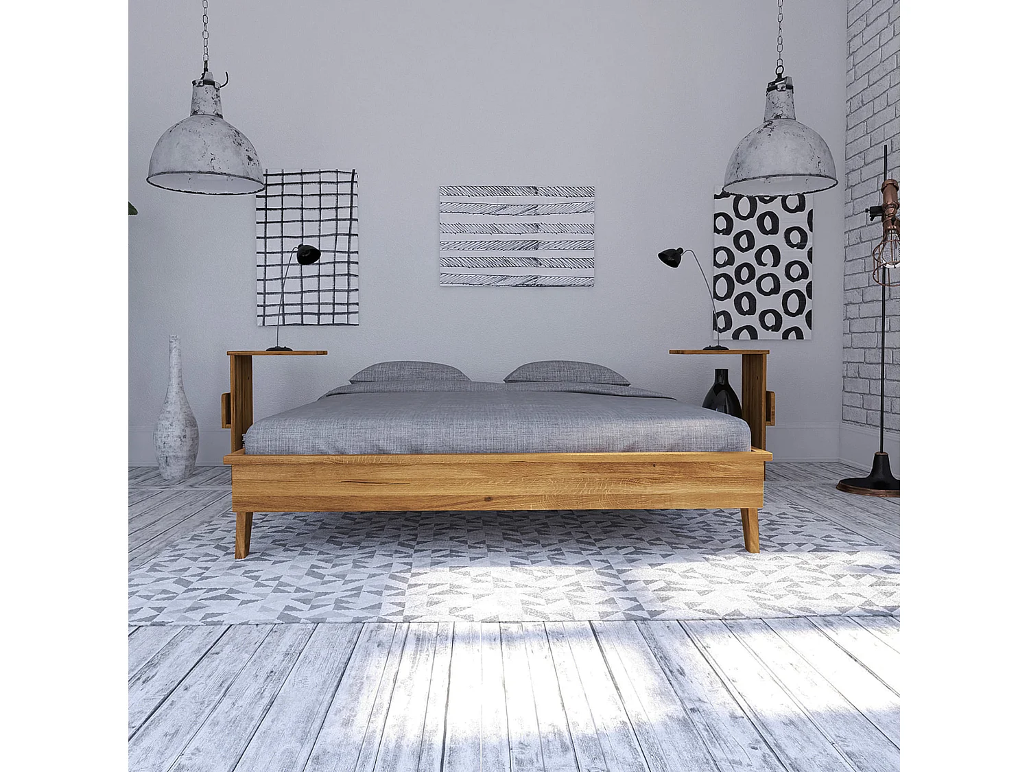 Lit avec pieds inclinés en chêne massif clair 160x200 - LT36003